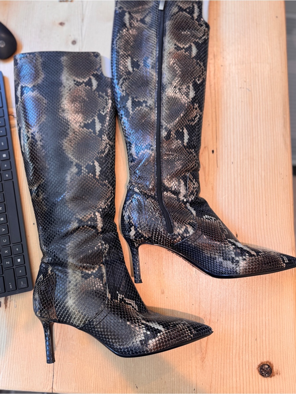 Aquatalia Maci Brown & Black Snakeskin Knee Boots Women EUC Size 10.5